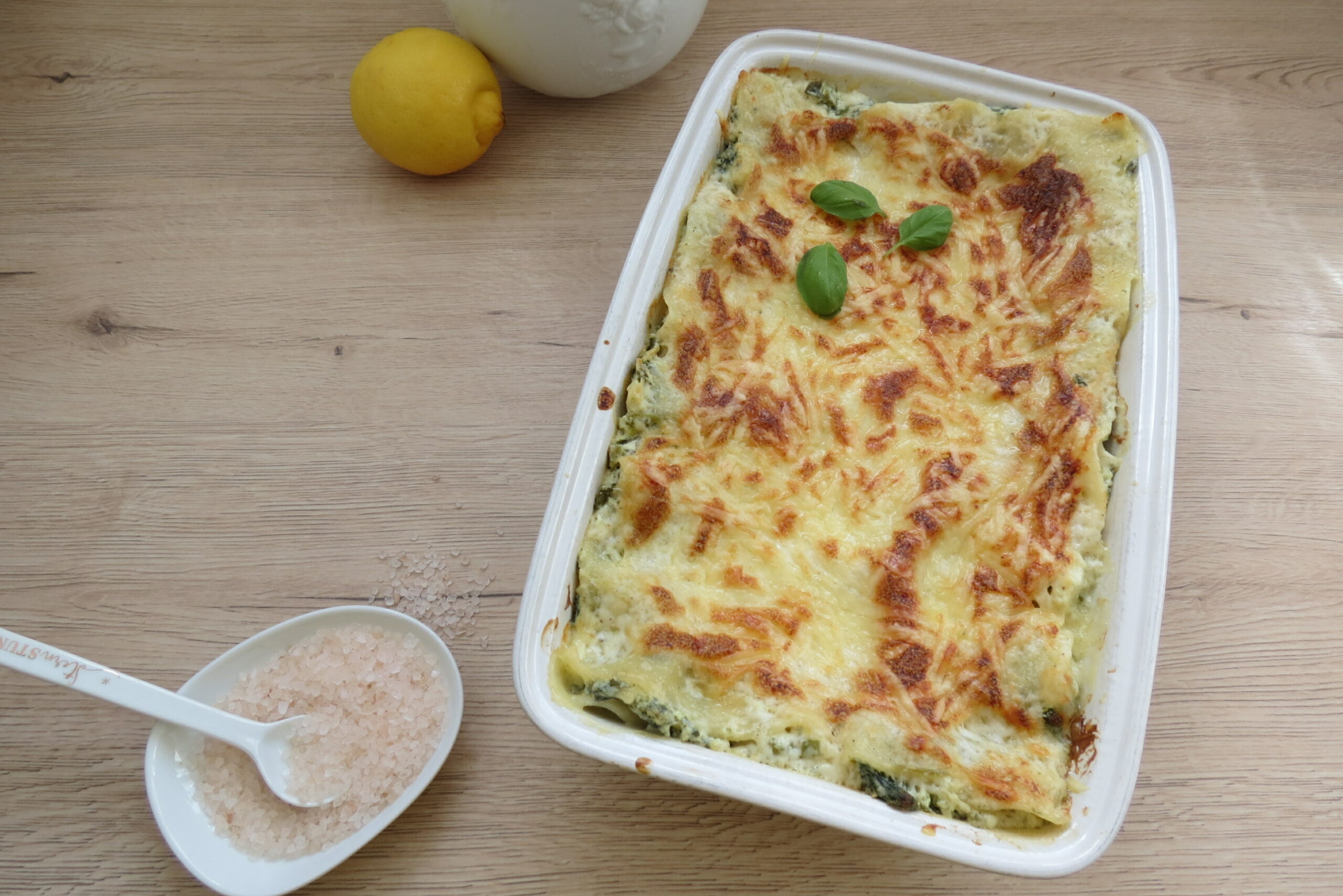 Spinach lemon lasagna fresh from the oven