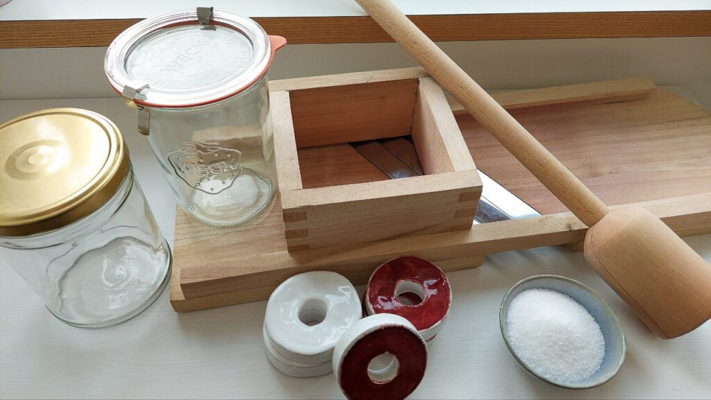 Fermentation equipment: Glass jars, slicer, tamper, weights and salt