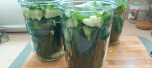 Layer the gherkins, garlic and spices in a jar