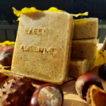 Three bars of chestnut soaps lying flat, one bar standing up amidst autumn leaves and chestnuts