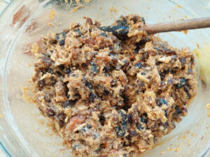 All ingredients for a Christmas Pudding combined; it makes for a heavy and sticky dough