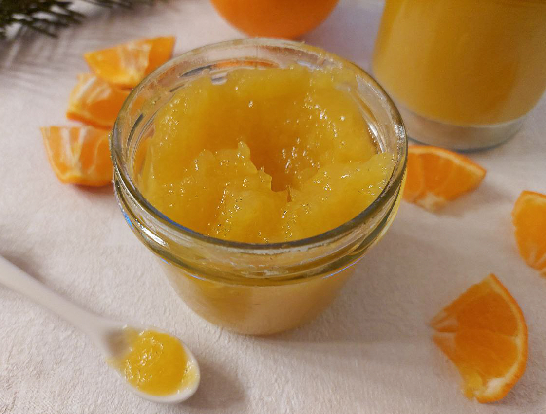 Jars of homemade non-bitter orange marmalade