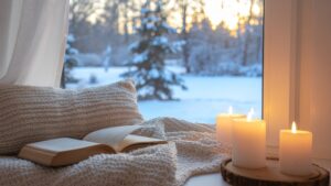 Couch with blanket, pillows and candles, overlooking a snow-covered garden