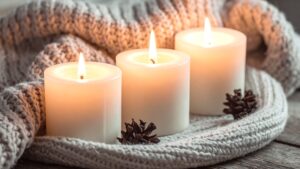 Cosy scene with candles on a woolly blanket