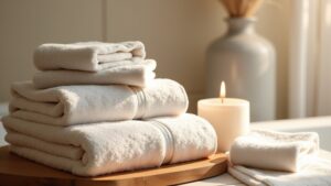 Towels and a candle, indicating a wellness and self-care ritual