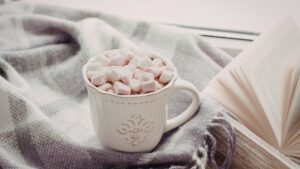 A mug of hot chocolate on a blanket, a book on the side