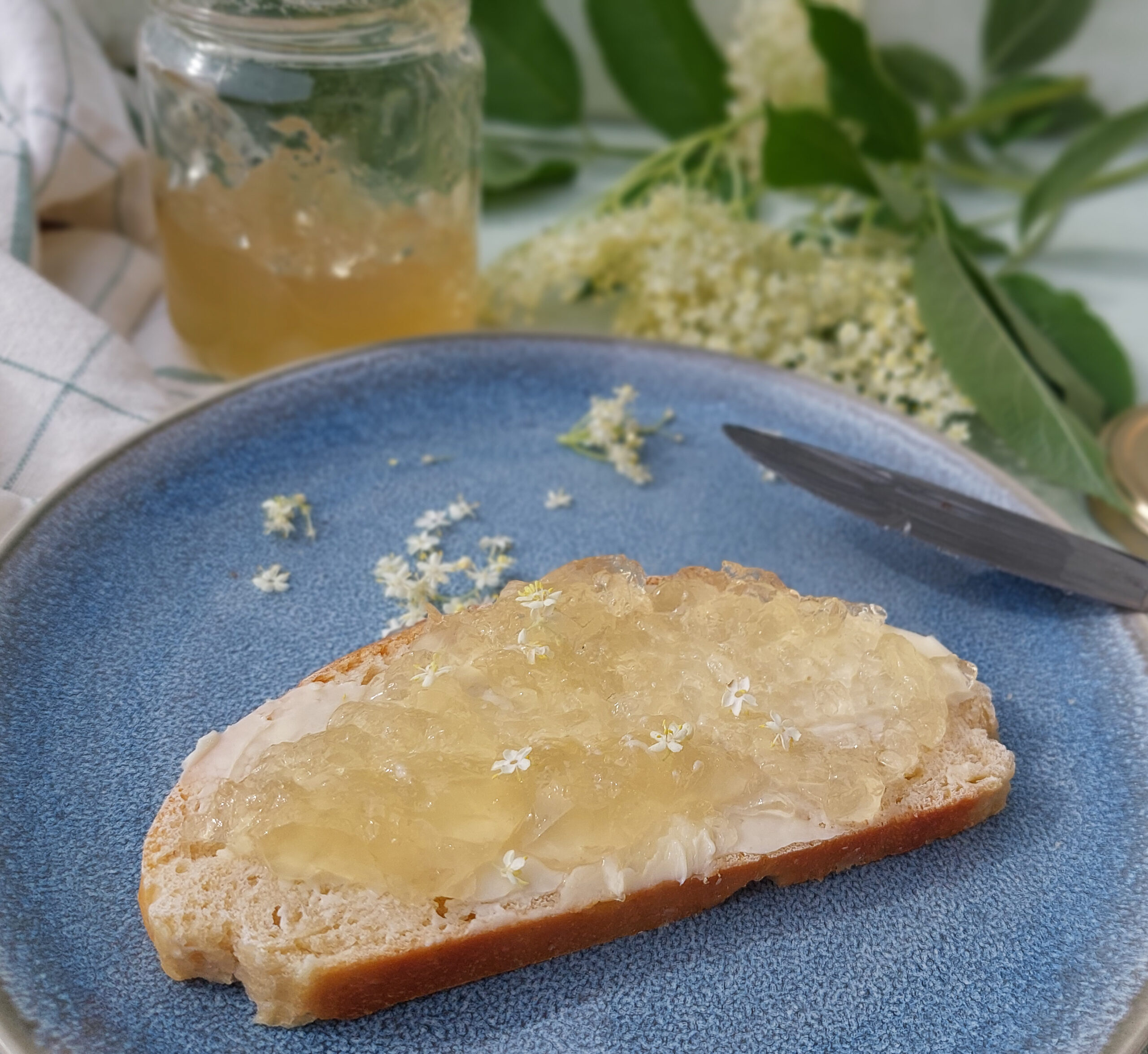 Elderflower jelly on bread lying on a blue plate, a jar of elderflower jelly and flowers in the background