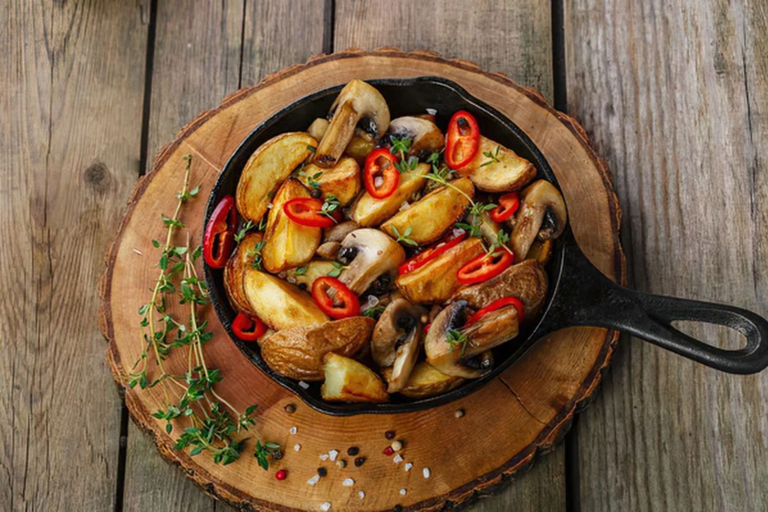 Rustic wooden table with pan containing a potato-mushroom dish