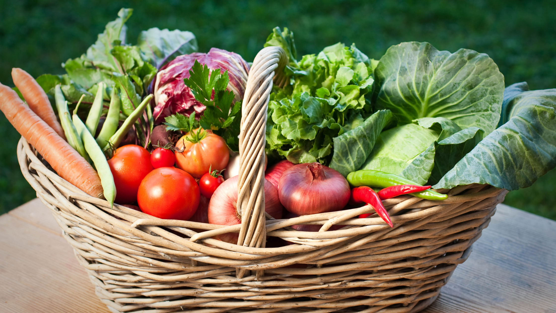 Basket full of freshly harvested late summer / early autumn vegetables